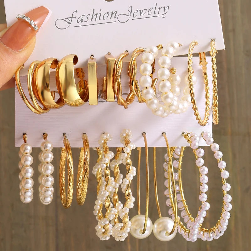 Vintage Pearl Earrings For Women Girls Punk Hoop Earring Set