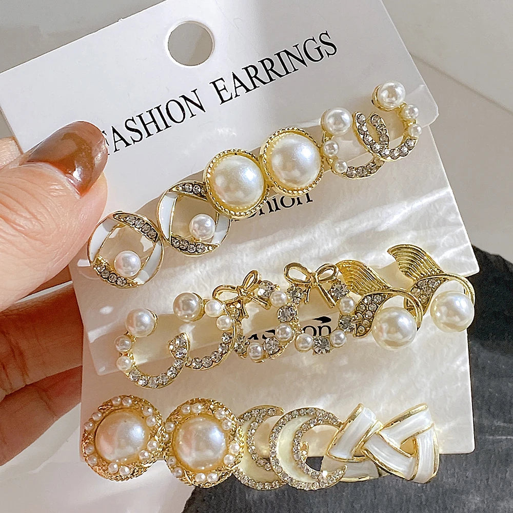 Vintage Pearl Earrings Set Geometric Twist Stud Earrings
