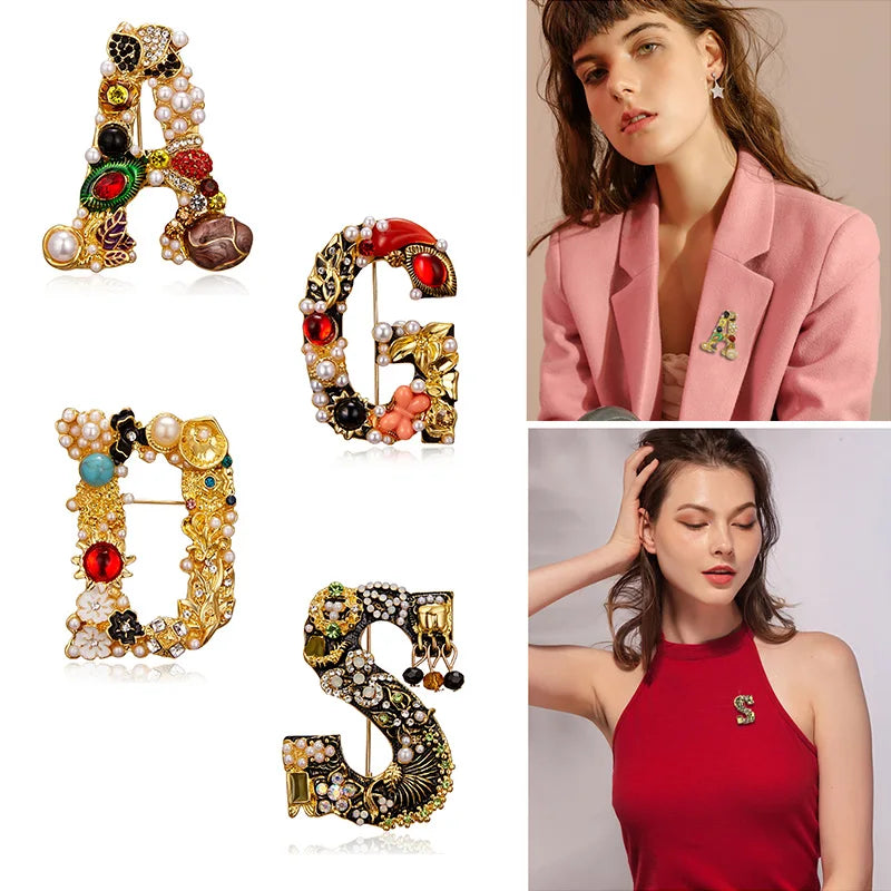 Vintage Pearl Letter Brooch Initial Alphabet Rhinestone Brooches