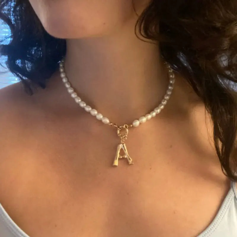 Vintage Pearl Necklace Choker Alphabet A-Z Initial Pearl Chain Necklace