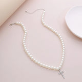 Vintage Crystal Cross Pendant Pearl Necklace