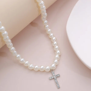 Vintage Crystal Cross Pendant Pearl Necklace
