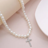 Vintage Crystal Cross Pendant Pearl Necklace