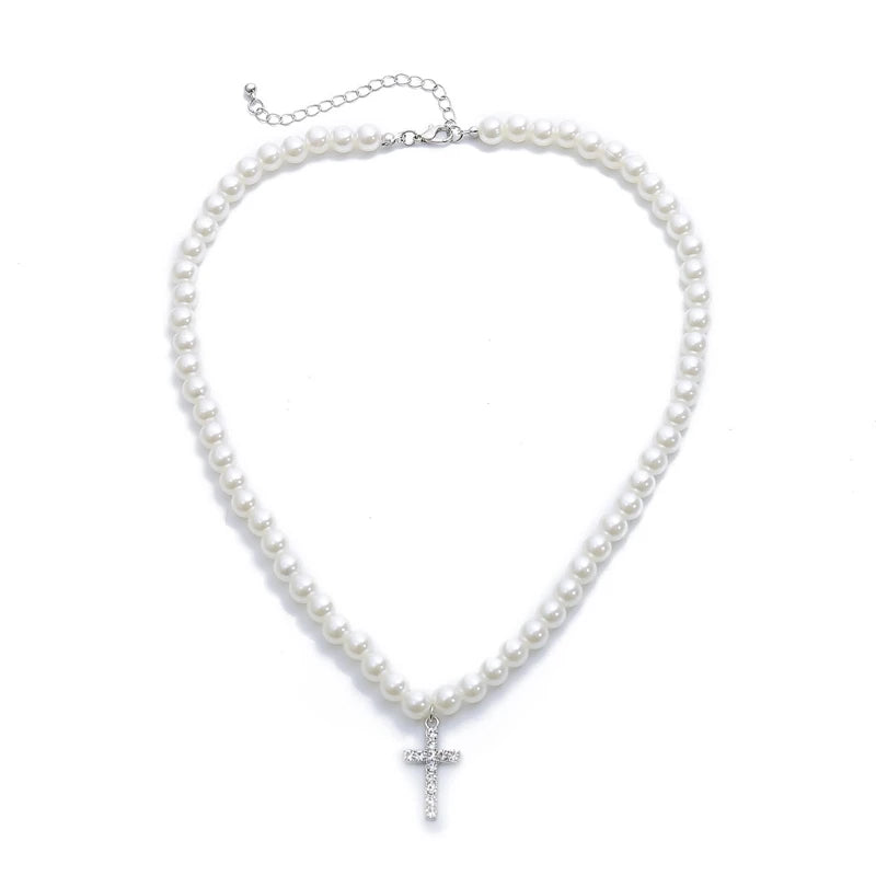 Vintage Crystal Cross Pendant Pearl Necklace