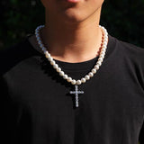 Vintage Crystal Cross Pendant Pearl Necklace