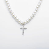 Vintage Crystal Cross Pendant Pearl Necklace