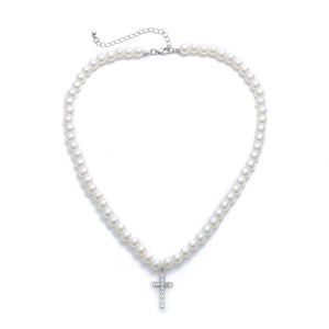 Vintage Pearl Necklace Crystal Cross Rhinestone Pendant Choker