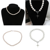 Vintage Pearl Necklace Crystal Cross Rhinestone Pendant Choker