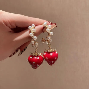 Vintage Pearl Rhinestone Strawberry C Drop Earrings for Women