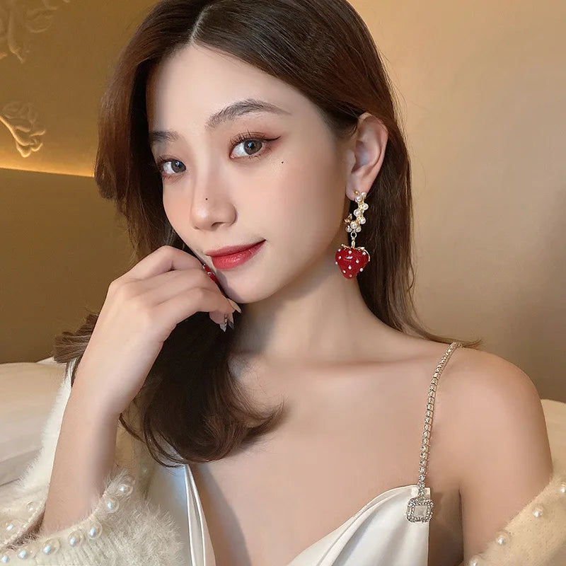 Vintage Pearl Rhinestone Strawberry C Drop Earrings for Women