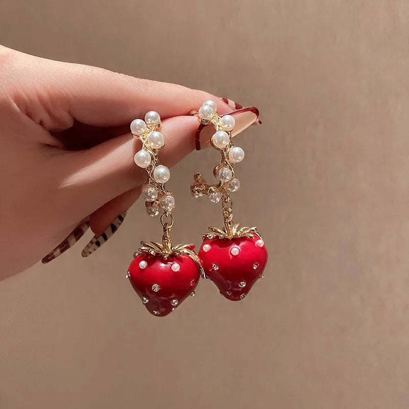 Vintage Pearl Rhinestone Strawberry C Drop Earrings for Women