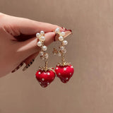 Vintage Pearl Rhinestone Strawberry C Drop Earrings for Women