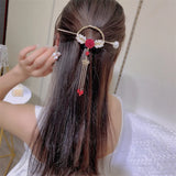 Vintage Pearl Tassel Bow Tassel Hairpin Red Rose Hairpin