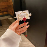 Vintage Pearl Tassel Bow Tassel Hairpin Red Rose Hairpin