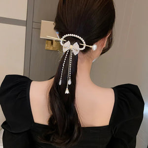 Vintage Pearl Tassel Bow Tassel Hairpin Red Rose Hairpin