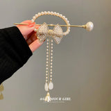 Vintage Pearl Tassel Bow Tassel Hairpin Red Rose Hairpin