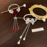 Vintage Pearl Tassel Bow Hairpin Red Rose Hairpin