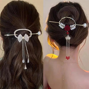 Vintage Pearl Tassel Bow Hairpin Red Rose Hairpin