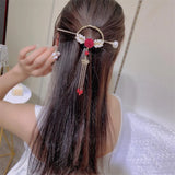 Vintage Pearl Tassel Bow Hairpin Red Rose Hairpin