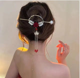 Vintage Pearl Tassel Bow Hairpin Red Rose Hairpin