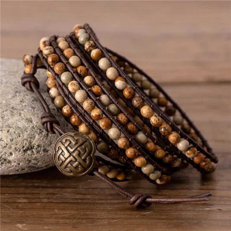 Vintage Picture Jaspers Beads Leather Wrap Bracelet Earth Stone Cuff