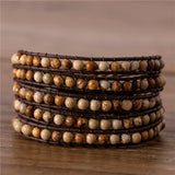 Vintage Picture Jaspers Beads Leather Wrap Bracelet Earth Stone Cuff