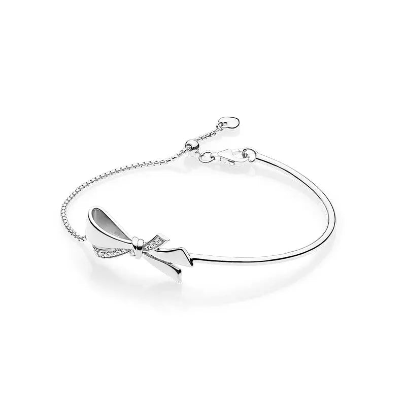 Vintage Pink Bow 925 Sterling Silver Bangle For Women Mother's Gift