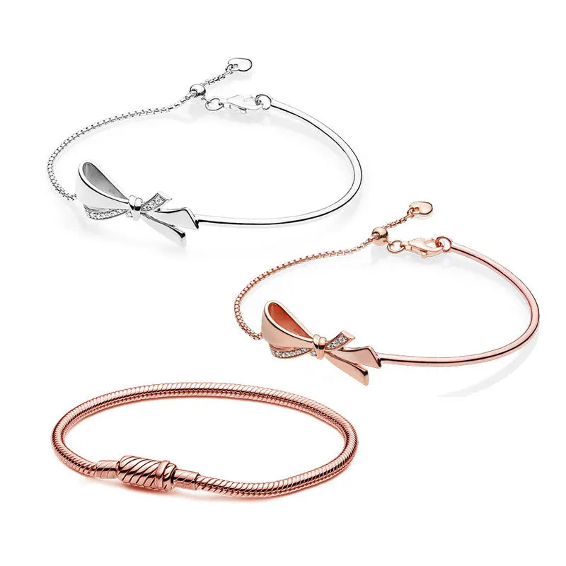 Vintage Pink Bow 925 Sterling Silver Bangle For Women Mother's Gift