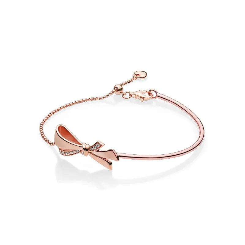 Vintage Pink Bow 925 Sterling Silver Bangle For Women Mother's Gift