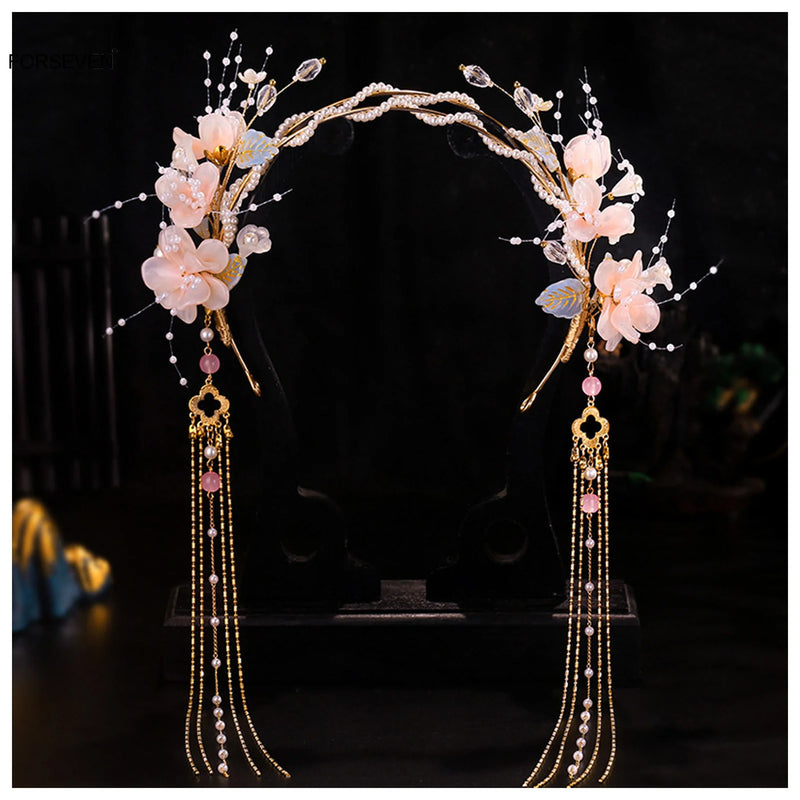 Pink Flower Headbands Fringe Tassel Hairbands Pearl Hair Hoops