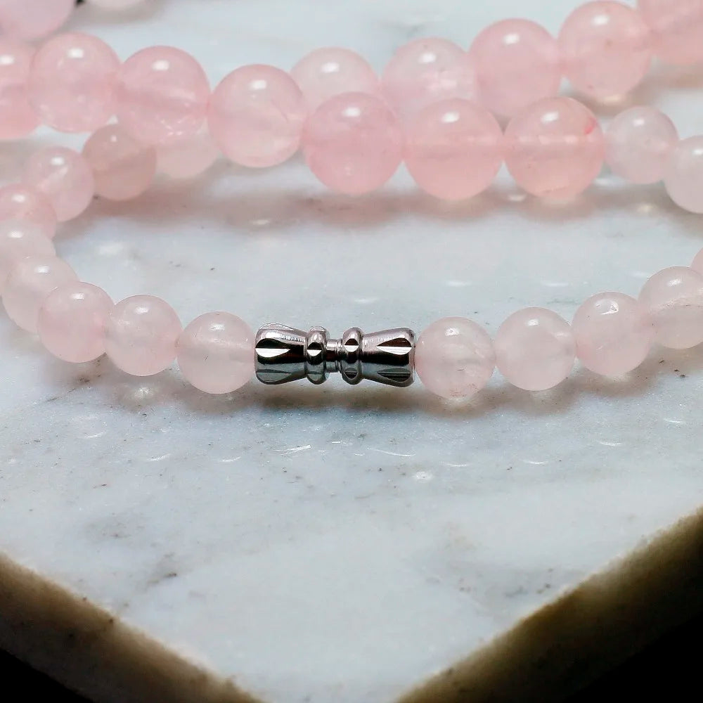 Vintage Pink Quartz Beaded Necklace Round Semi-Precious Stones