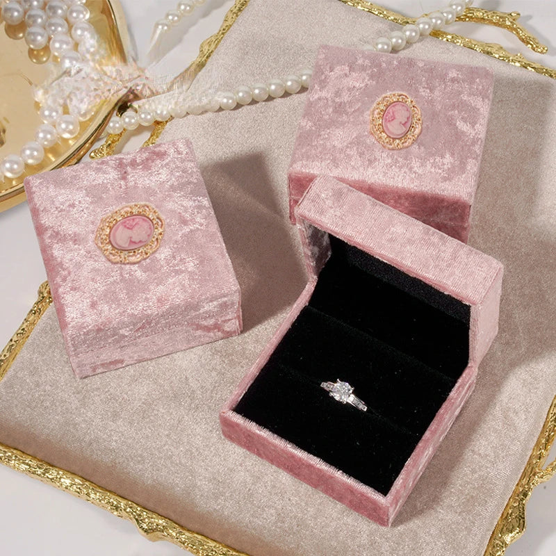 Vintage Pink Velvet Ring Box Pendant Necklace High End Jewelry Display