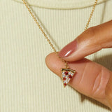 Vintage Pizza Necklace With Red Stone Long Chain Pendant Necklace