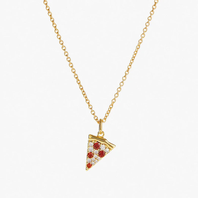 Vintage Pizza Necklace With Red Stone Long Chain Pendant Necklace