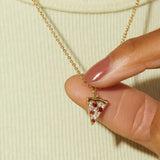 Vintage Pizza Necklace with Red Stone Pendant Long Chain Charms