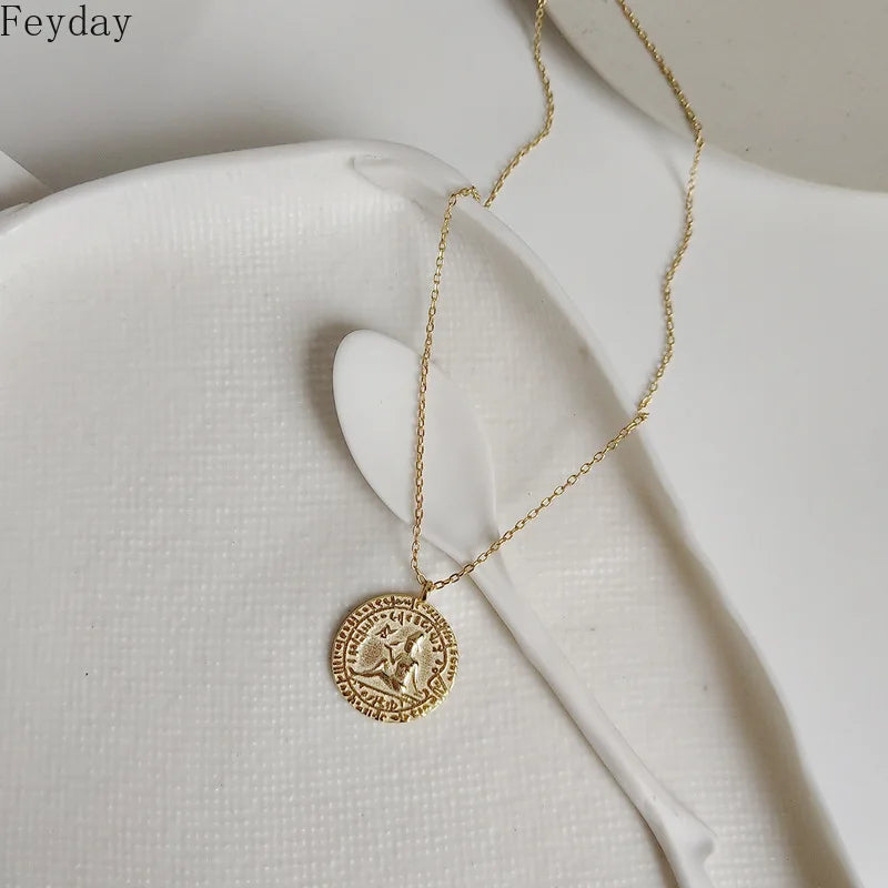Vintage Portrait Coin Pendant Necklace 925 Sterling Silver Round Disc Necklaces