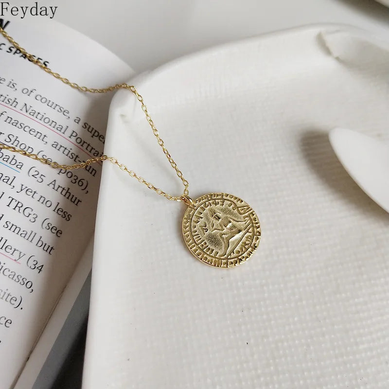 Vintage Portrait Coin Pendant Necklace 925 Sterling Silver Round Disc Necklaces