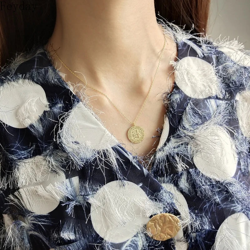 Vintage Portrait Coin Pendant Necklace 925 Sterling Silver Round Disc Necklaces