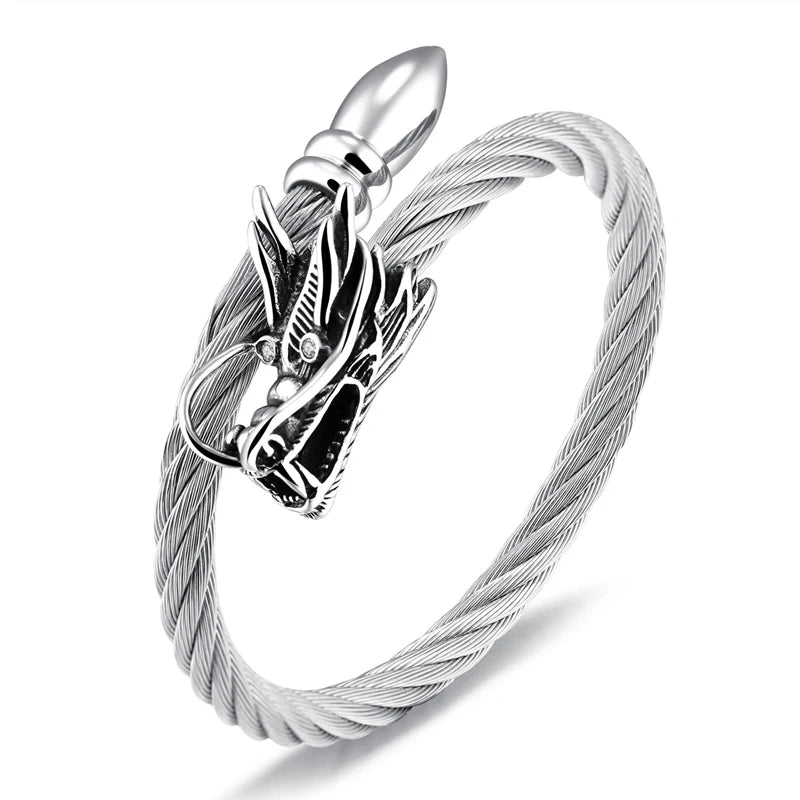 Vintage Punk Steel Dragon Bracelet Men's Cable Bangle