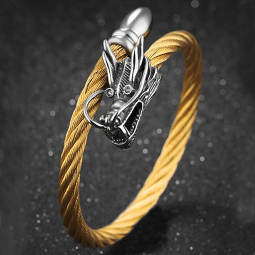 Vintage Punk Steel Dragon Bracelet Men's Cable Bangle