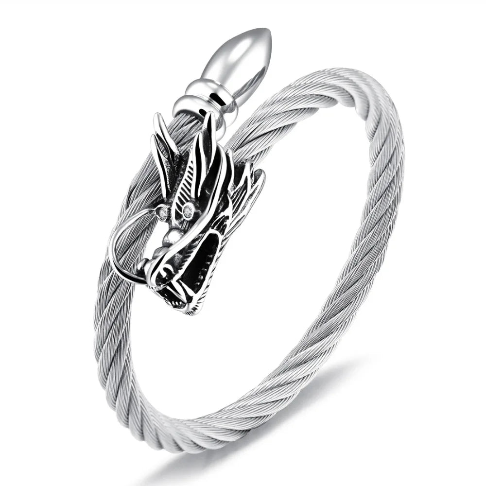 Vintage Punk Steel Dragon Bracelet Men's Cable Bangle