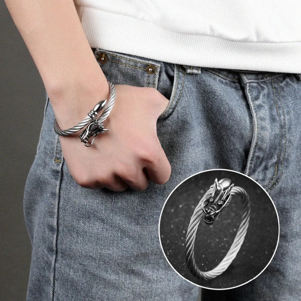 Vintage Punk Steel Dragon Bracelet Men's Cable Bangle