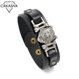 Vintage Punk 925 Silver Leopard Head Bracelet Men's Wide Leather Bracelet