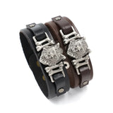 Vintage Punk 925 Silver Leopard Head Bracelet Men's Wide Leather Bracelet