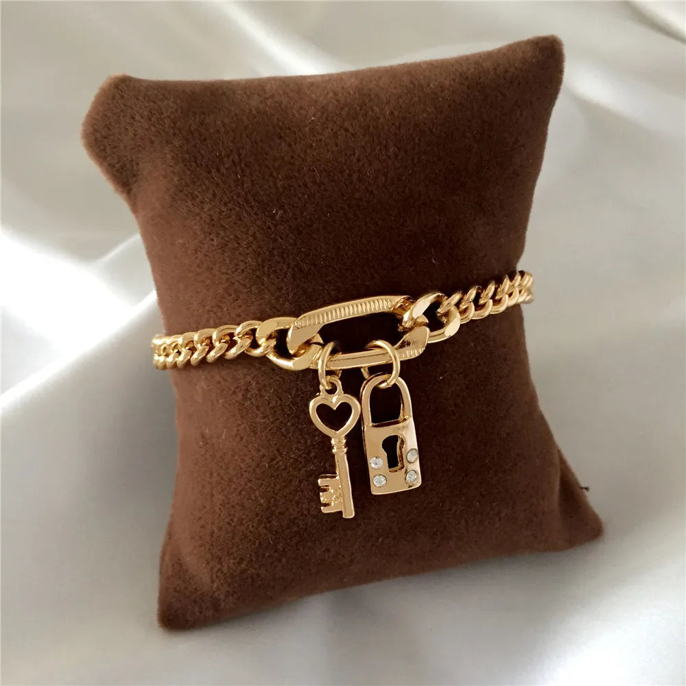 Vintage Punk Cuban Lock Bracelet Set Beaded Snake Chain Bangle Charm Jewelry