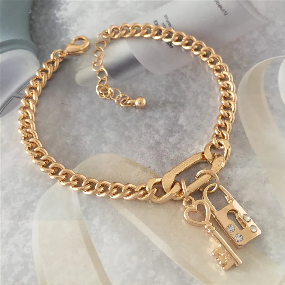 Vintage Punk Cuban Lock Bracelet Set Beaded Snake Chain Bangle Charm Jewelry