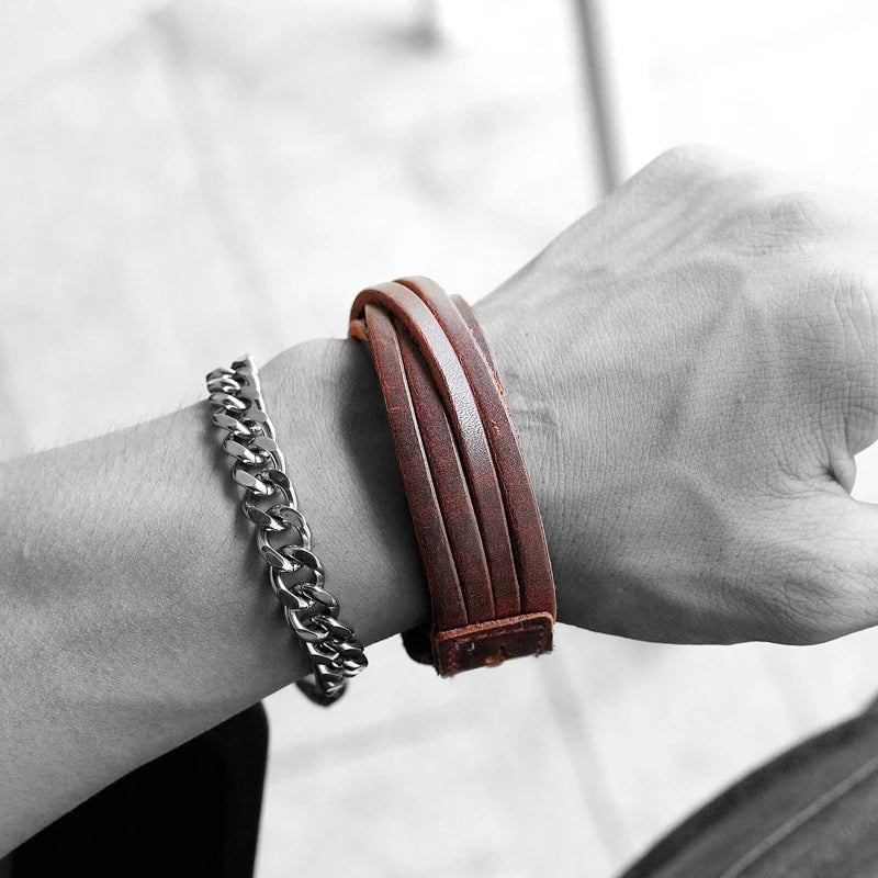 Vintage Punk Leather Bracelet Bangle for Men Leather Wristband
