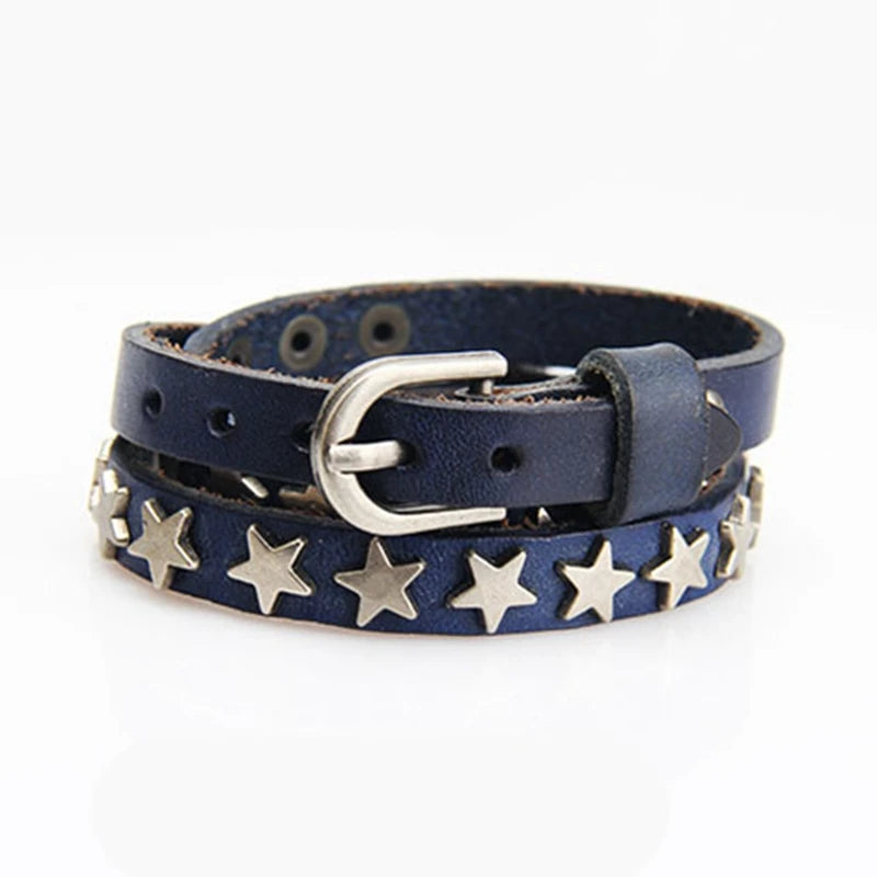 Vintage Punk Leather Bracelets Multi-layer Star Bangles