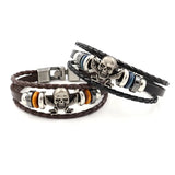 Vintage Punk Men's Leather Bracelet 925 Silver Skull Woven Bracelet