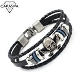 Vintage Punk Men's Leather Bracelet 925 Silver Skull Woven Bracelet